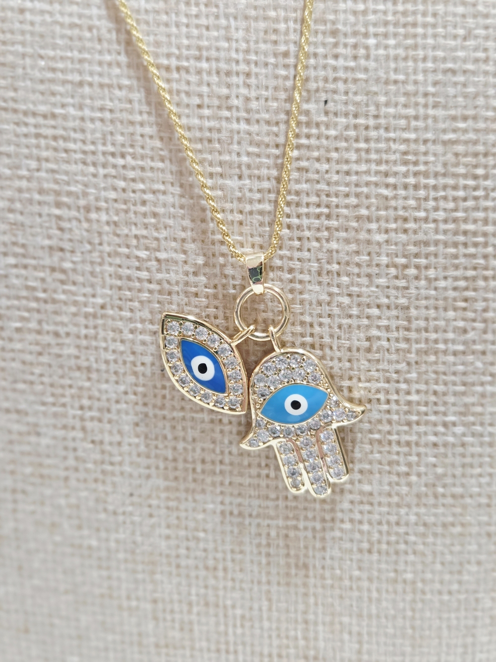 Gold Hamsa Hand and Evil Eye Pendant Necklace - Blue Accents - Picture 4 of 4